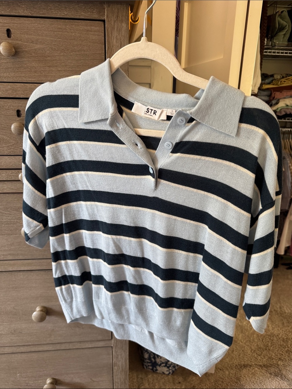 Women’s' ASTR the Label Light Blue & navy Striped Polo Top